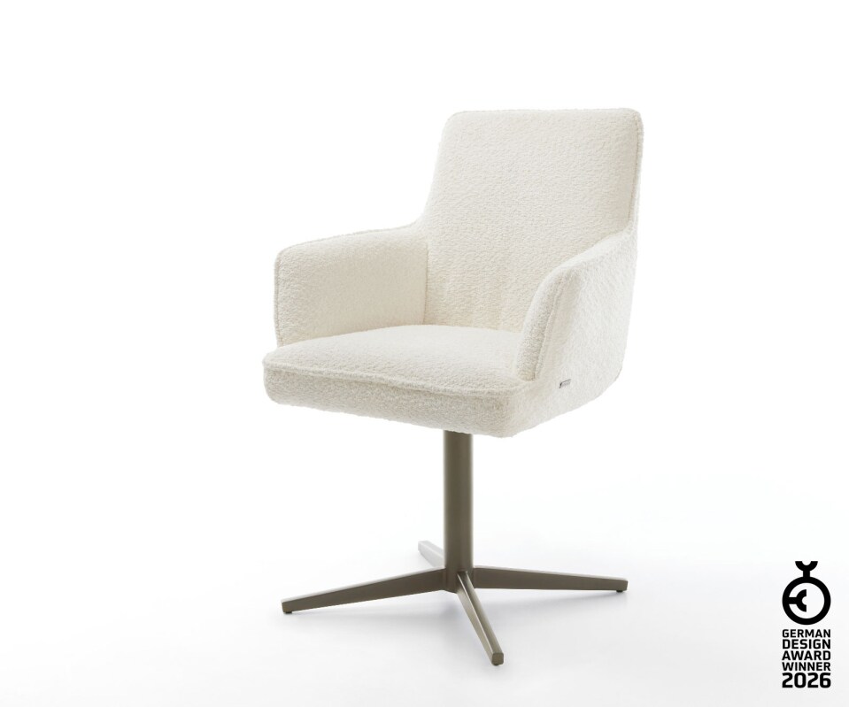 Chaise-pivotante Heira-Flex avec accoudoirs bouclé blanc pied de chaise 4 branches aspect titane pivotement sur 360° ressorts ensachés